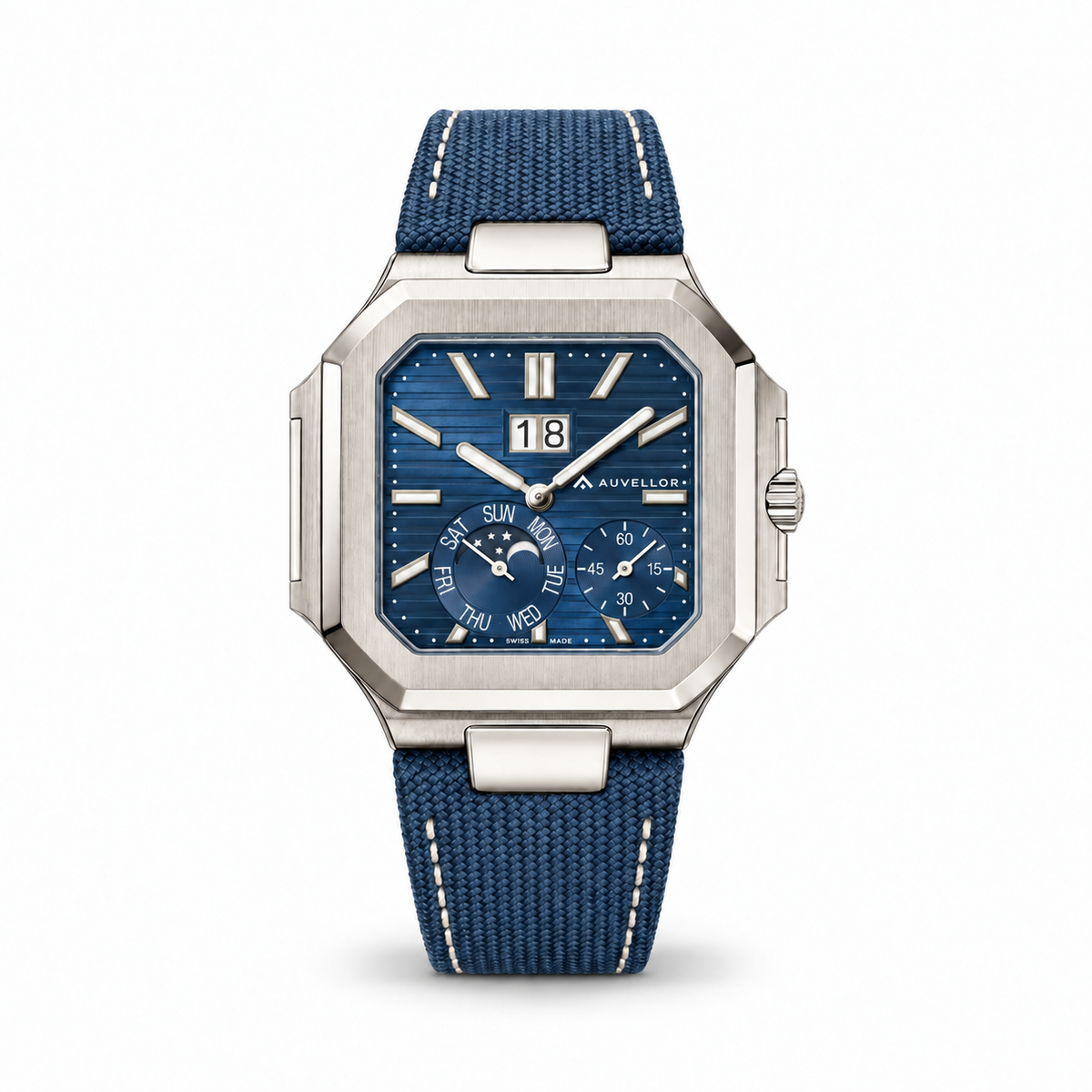 ORVEN Calystron – Blue Dial — front view on white background