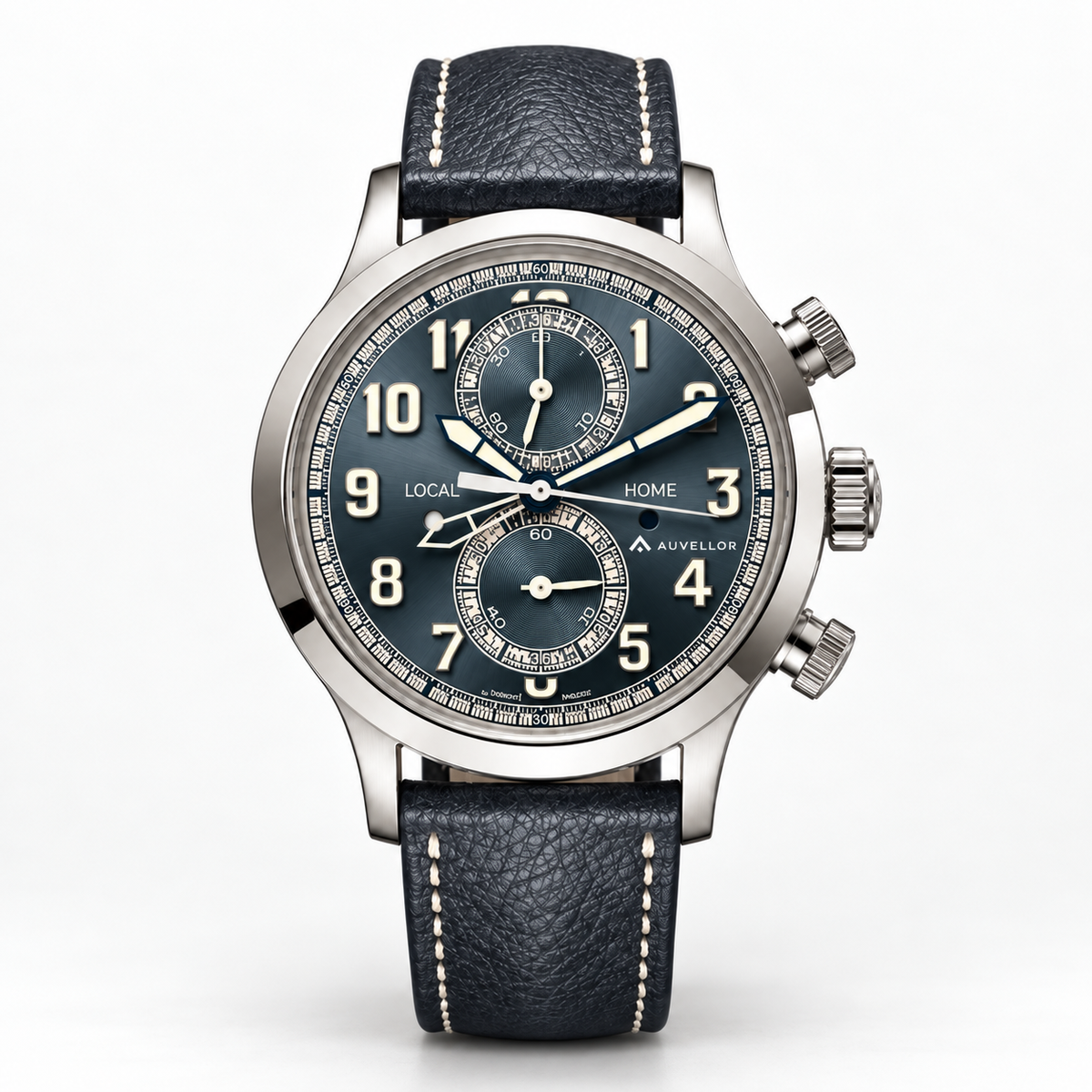 ORVEN Aerovant Dual Time – Grey-Blue Dial — front view on white background