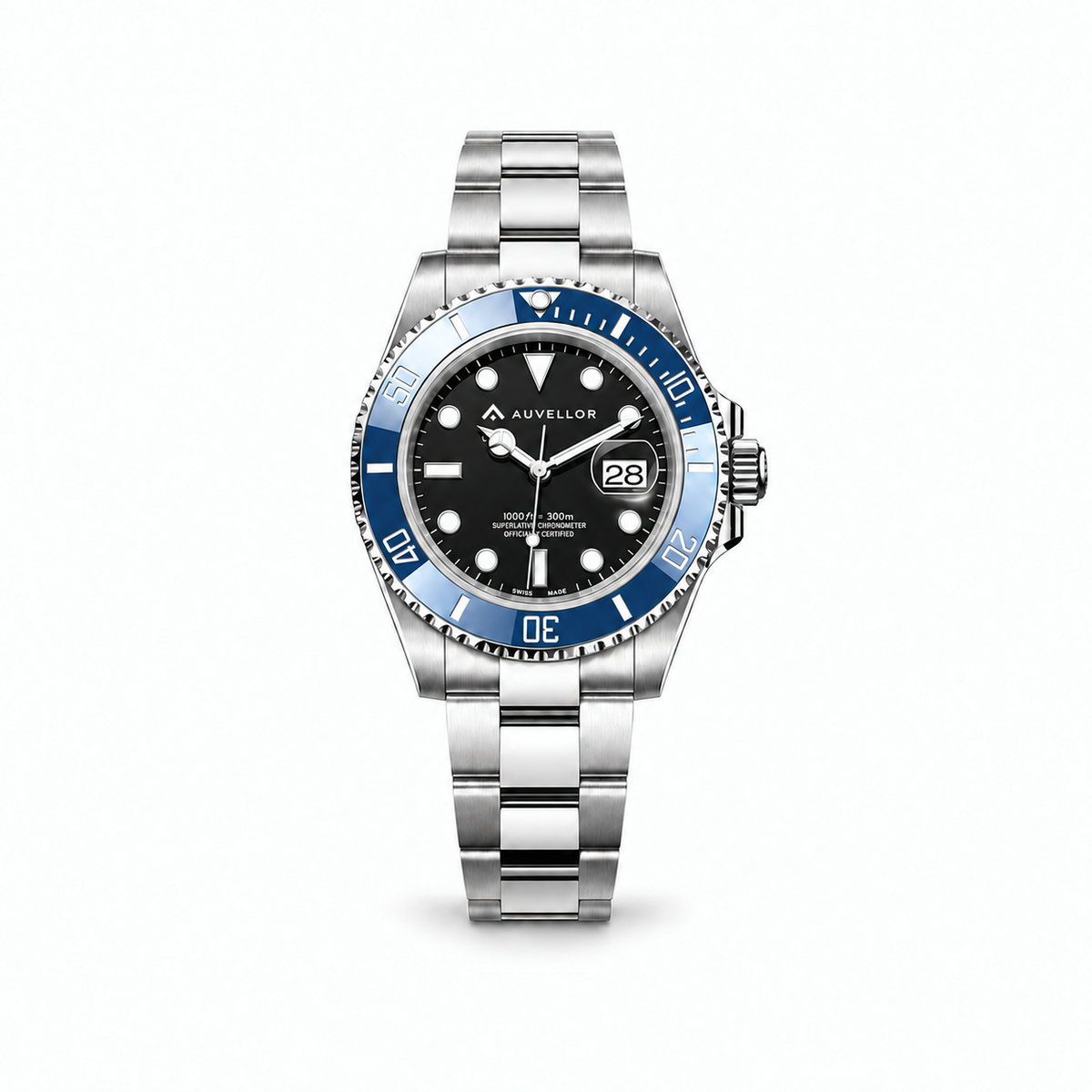 ORVEN Nytheron – Black Dial & Blue Bezel — front view on white background