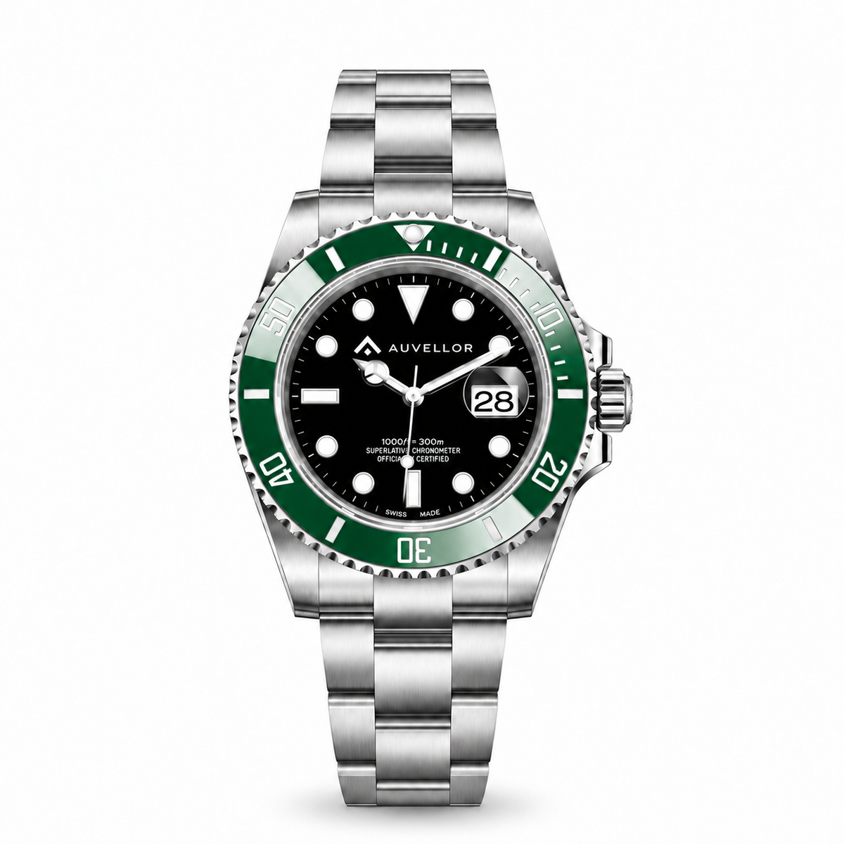 ORVEN Eryndor – Black Dial & Green Bezel — front view on white background